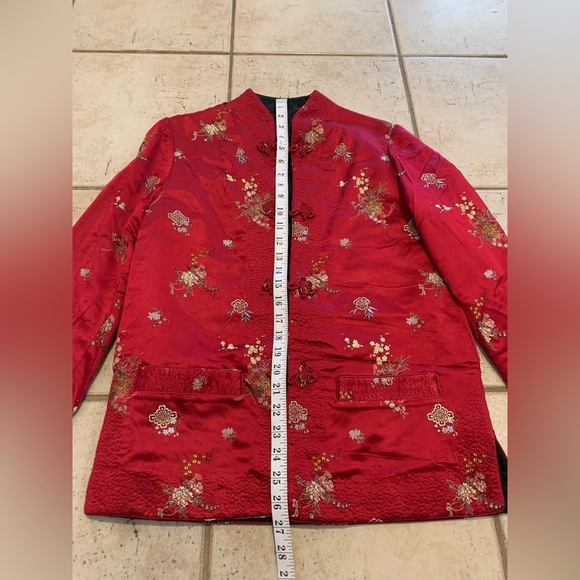 Vintage Red & Black Embroidered Jacket Chinese Style Mandarin Frog Closure Coat - Picture 8 of 8